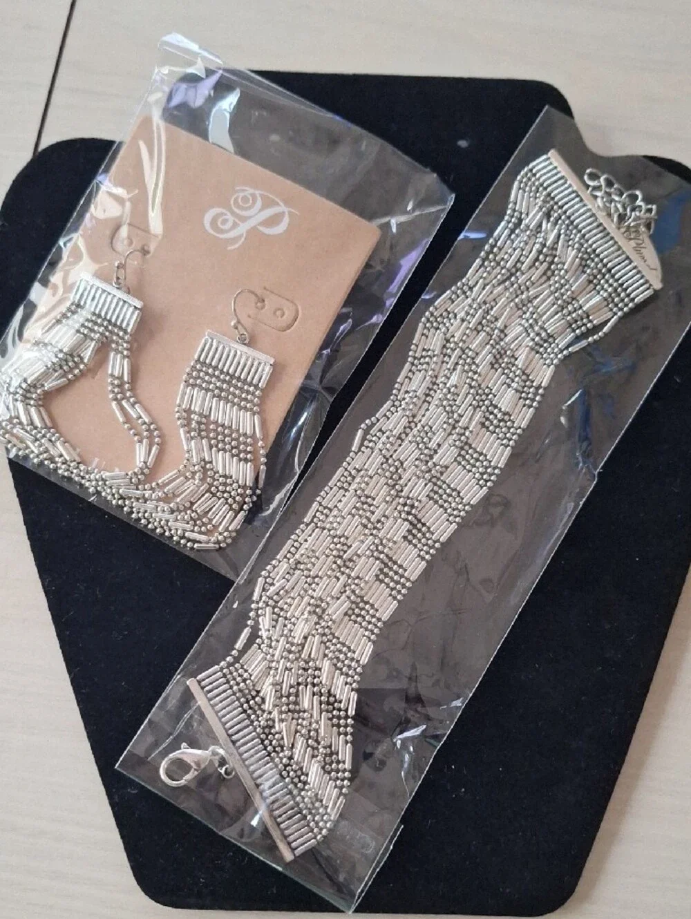 Plunder Silver Beaded Fringe Statement Earrings & Matching Cuff Bracelet Set NWT